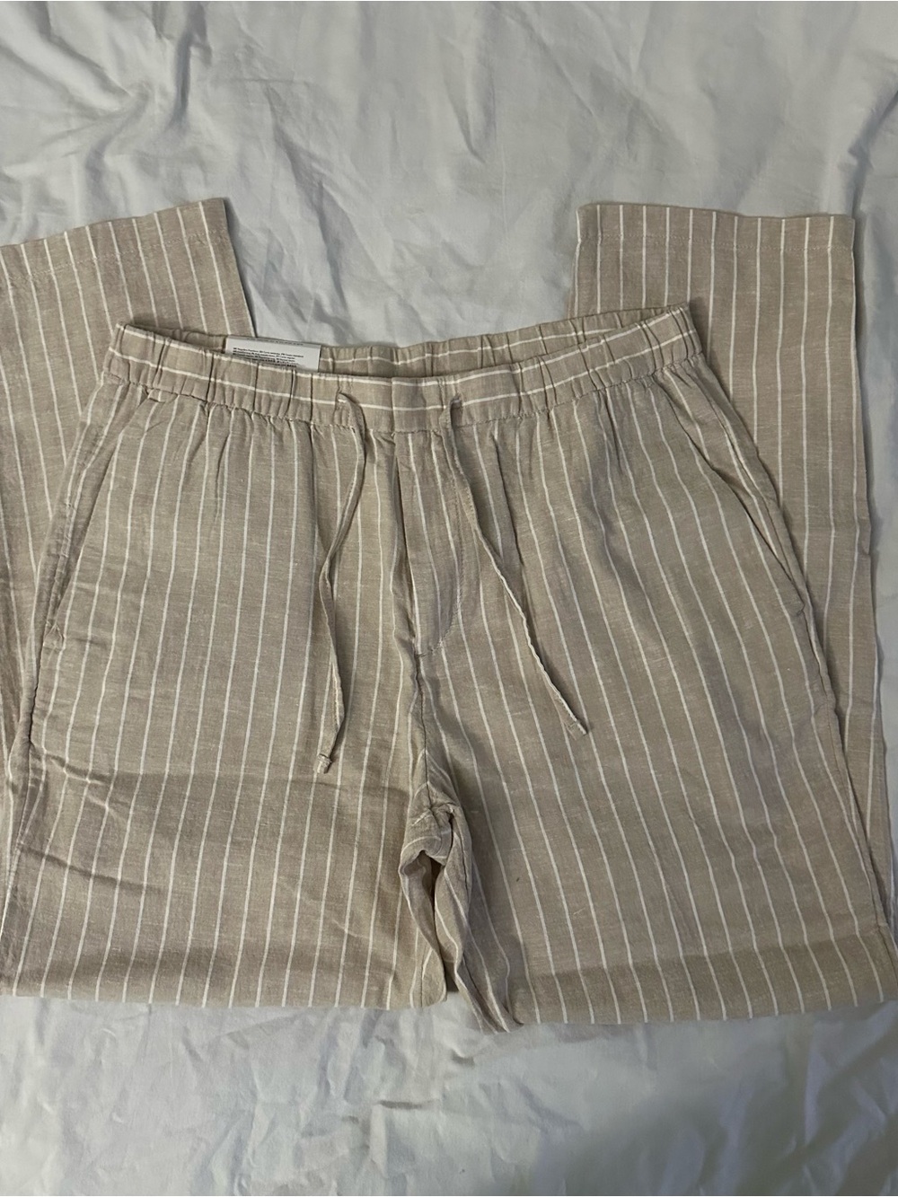 H&M Men's Tan Pinstripe Drawstring Regular Fit Linen Trousers